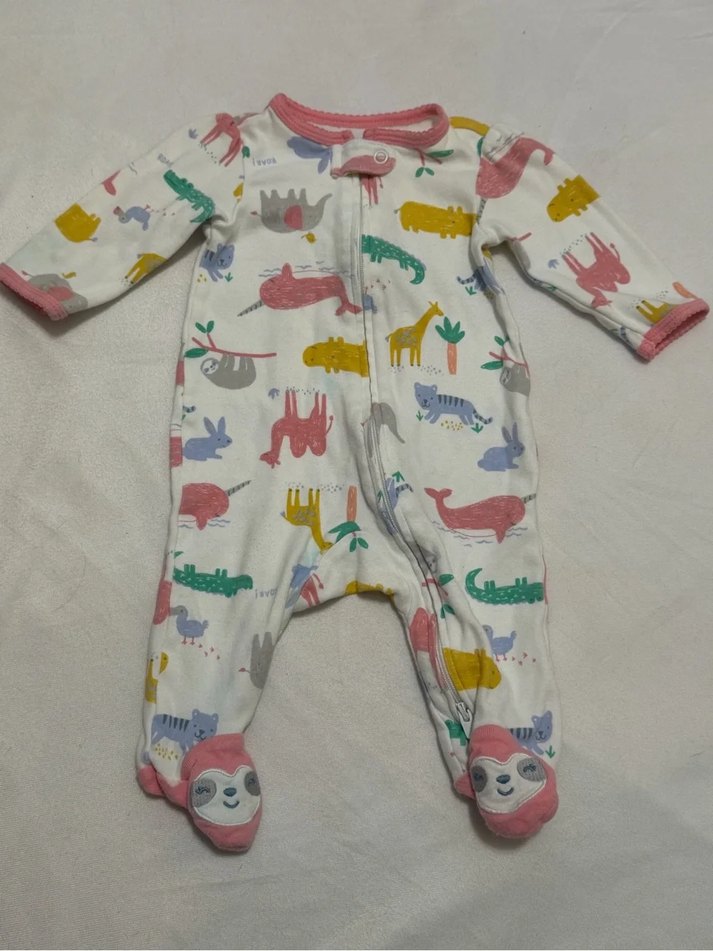 Carter's Baby One-Piece Sleepers in White, Mint, Pink & Yellow Animal Prints